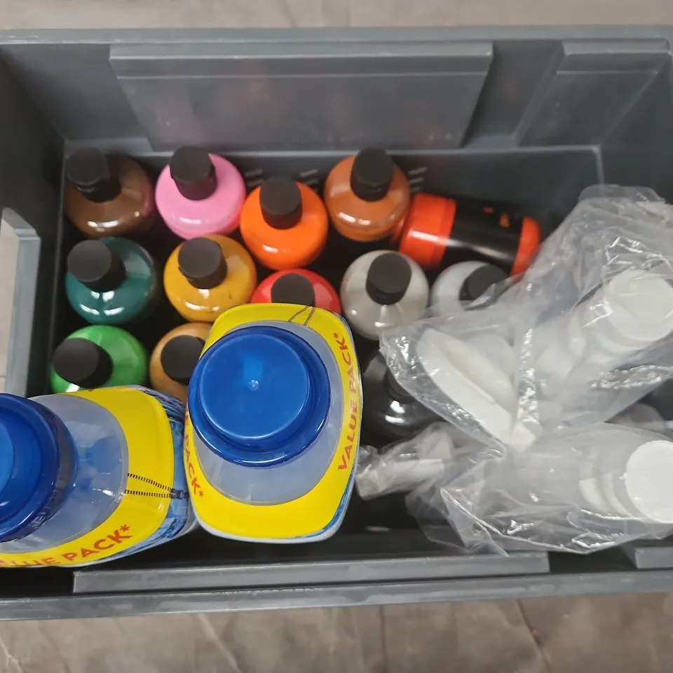 APPROXIMATELY 12 ASSORTED HOUSEHOLD LIQUID PRODUCTS TO INCLUDE ACRYLIC PAINT LENOR SPRING AWAKENING, MOTH KILLER SPA, ETC