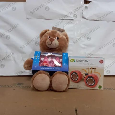 BOX OF APPROXIMATELY 10 ASSORTED TOYS AND GAMES TO INCLUDE POSH PAWS WIND UP RACING CLANGERS, BUILD-A-BEAR TEDDY, TENDER LEAF SAFARI BINOCULARS, ETC