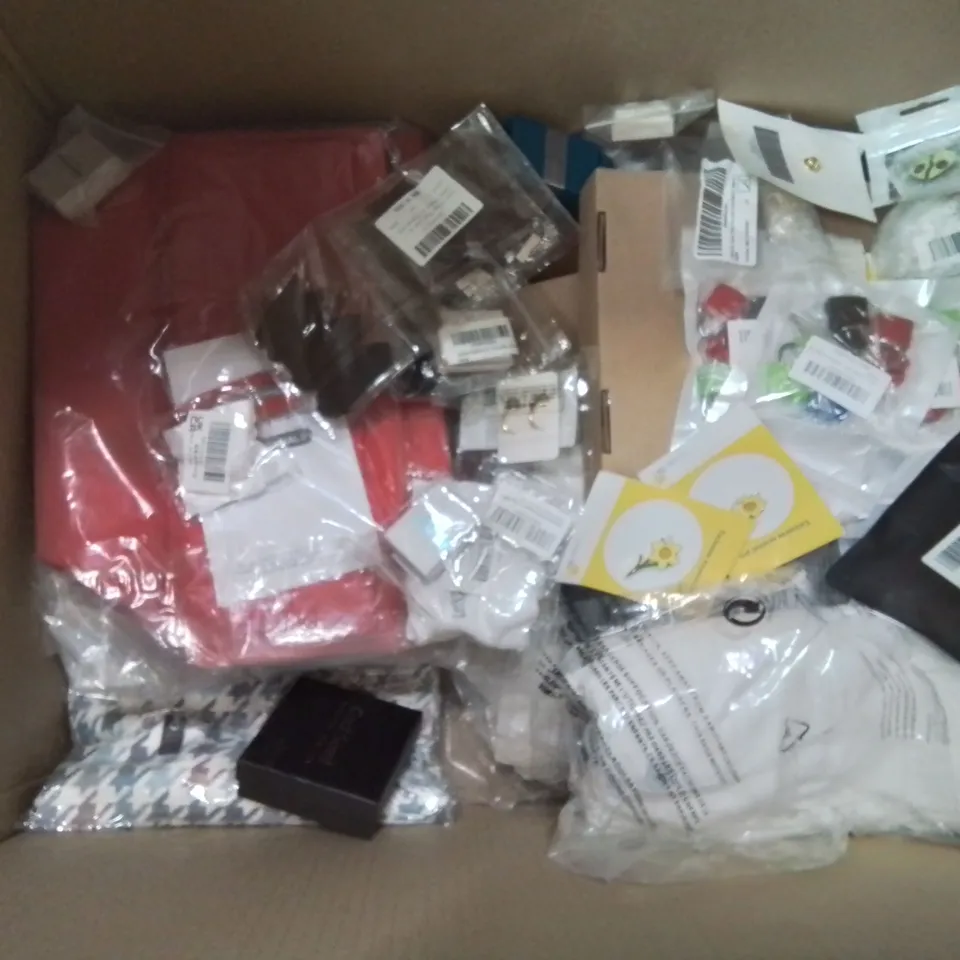 BOX CONTAINING LARGE AMOUNT OF MIXED FASHION ITEMS, SILVER PLATE AND COSTUME JEWELLERY, CLOTHING ITEMS ETC.