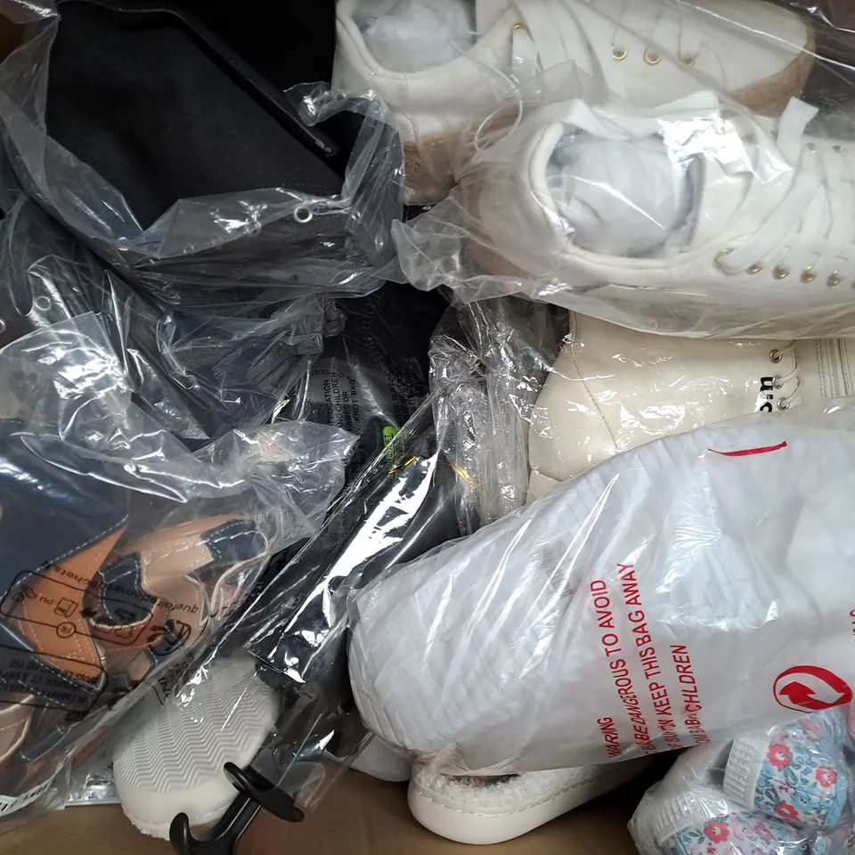BOX OF APPROXIMATELY 15 ASSORTED PAIRS OF SHOES AND FOOTWEAR ITEMS IN VARIOUS STYLES AND SIZES TO INCLUDE MOUNTAIN WAREHOUSE, PRIMARK, ETC