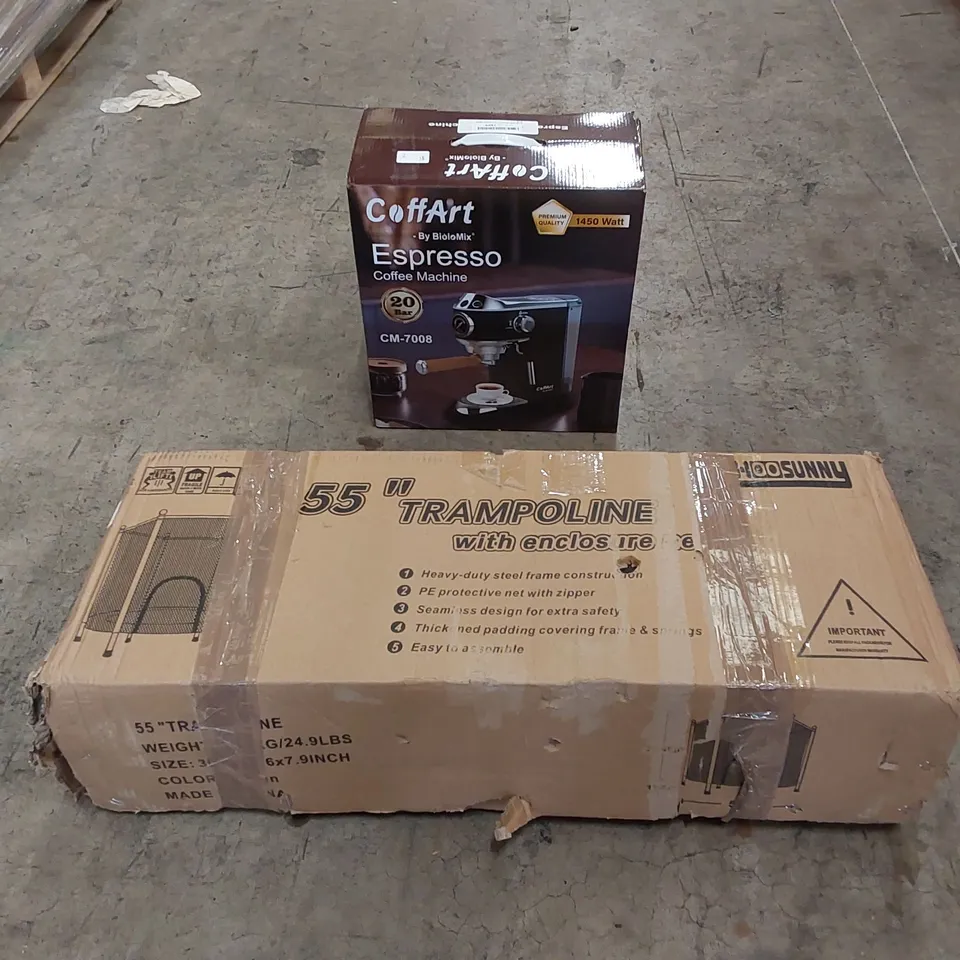 PALLET OF ASSORTED HOUSEHOLD ITEMS AND CONSUMER PRODUCTS. INCLUDING ESPRESSO COFFEE MACHINE, TRAMPOLINE, OFFICE CHAIR, BOXED FURNITURE ETC 