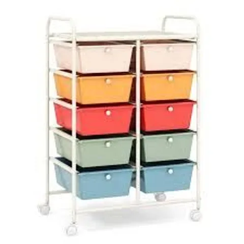 BOXED COSTWAY 10-DRAWER STORAGE CART UTILITY ROLLING TROLLEY KITCHEN ORGANIZER - MULTI-COLOURED