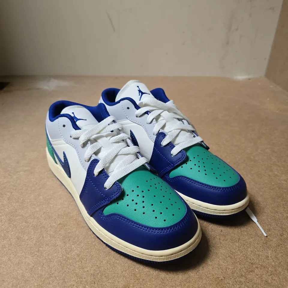 NIKE JORDAN YOUTH SNEAKERS – WHITE WITH BLUE AND TEAL ACCENTS, YOUTH 5.5