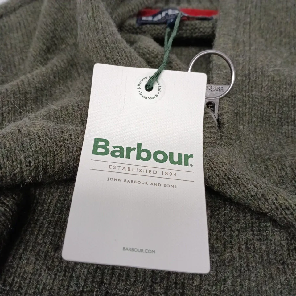 BARBOUR GRANGETOWN HALF ZIP KNITTED JUMPER – MID OLIVE – UK SIZE S