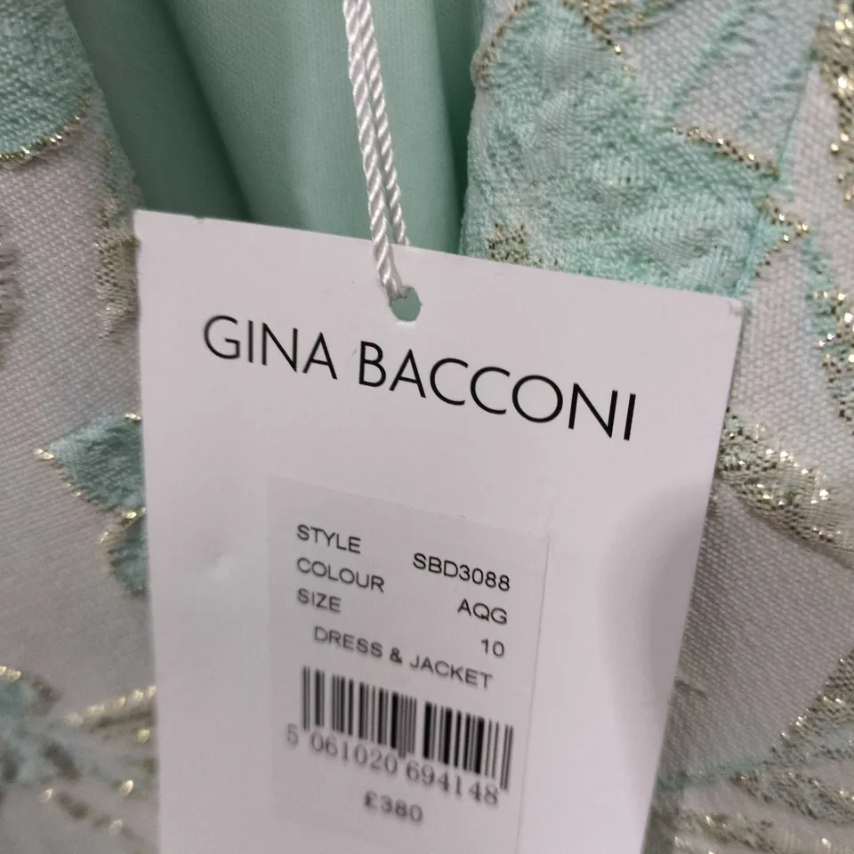 GINA BACCONI DRESS & JACKET SET – MINT FLORAL EMBROIDERED, UK 10 (SBD3088)