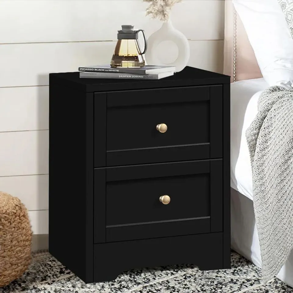 BOXED 2 DRAWER BLACK BEDSIDE CABINET 