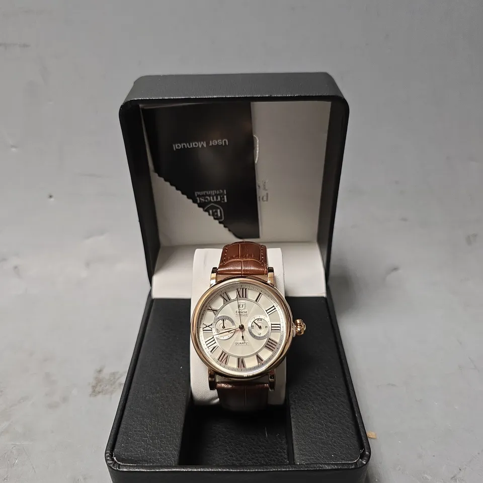 ERNEST FERDINAND WATCH – FUNCTIONING SUB DIALS – LEATHER STRAP GIFT BOX