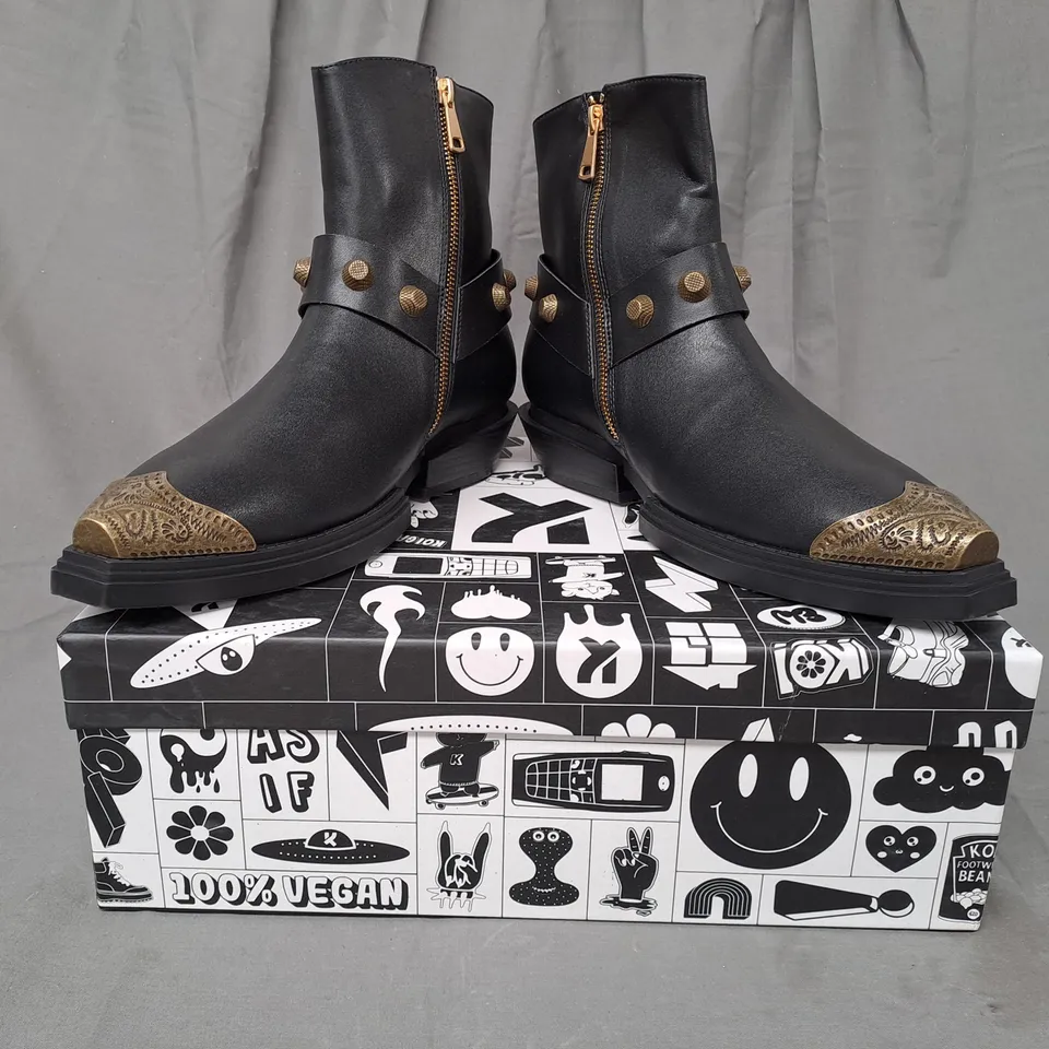 BOXED PAIR OF KOI VEGAN COWBOYS BOOTS IN BLACK/BRONZE EFFECT UK SIZE 8