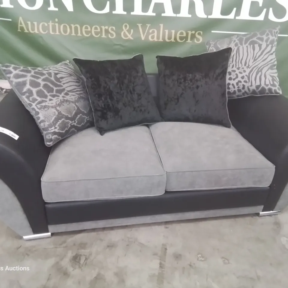 DESIGNER HILTON TWO SEATER SOFA WITH REVERSIBLE SCATTER CUSHIONS BLACK FAUX LEATHER & GREY FABRIC