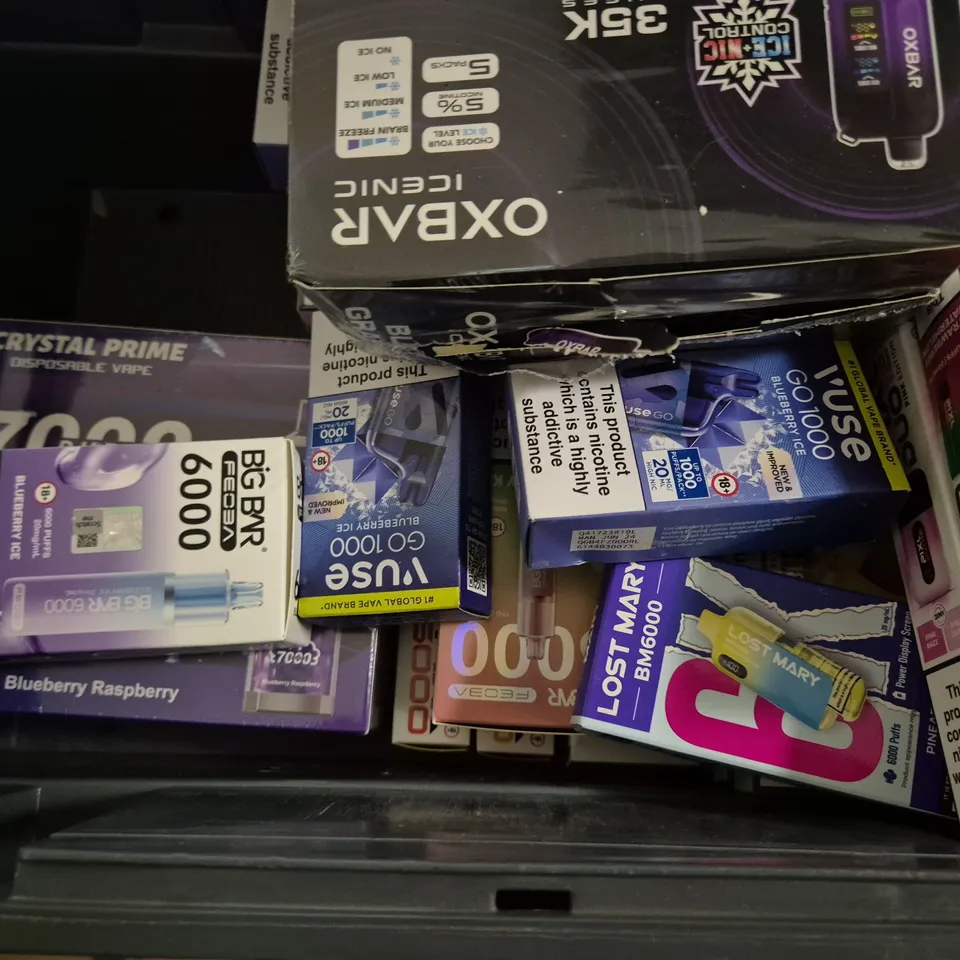 APPROXIMATELY 20 ASSORTED E-CIGARETTE PRODUCTS TO INCLUDE - LOST MARY , BIG BAR  , VUSE ETC