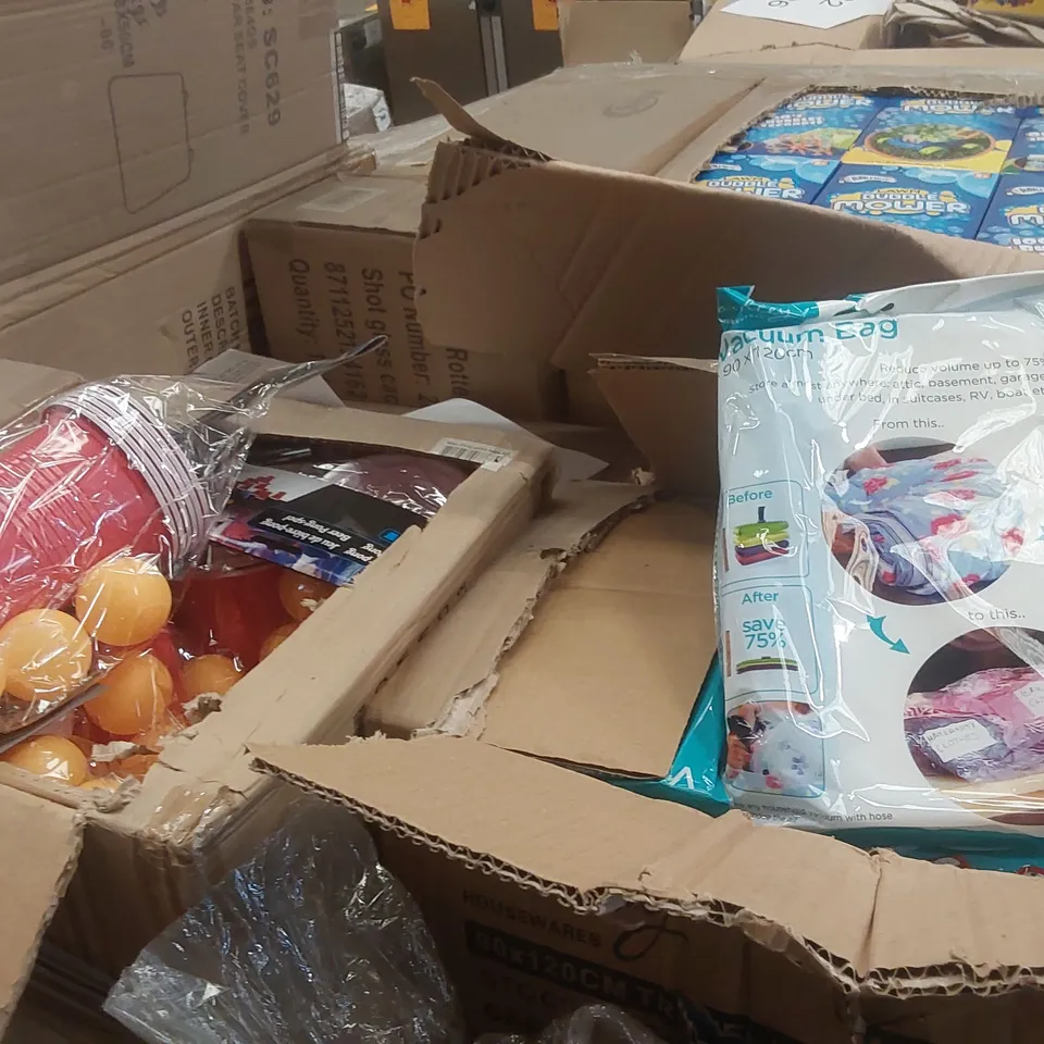 PALLET TO CONTAINING A VERY LARGE QUANTITY OF ASSORTED ITEMS INCLUDING: BEER PONG SETS, VACUUM BAGS, PET CAR SEAT COVERS, BUBBLE MOWER TOYS ECT