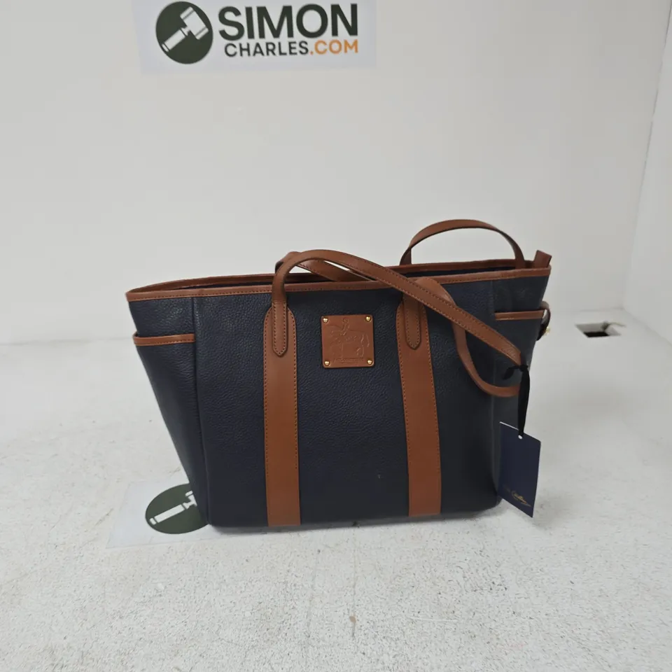PAUL COSTELLO LEATHER HANDBAG – NAVY WITH TAN TRIM
