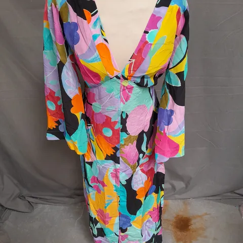 RIXO DAHLIA DRESS IN ABSTRACT TULIP BLACK SIZE L