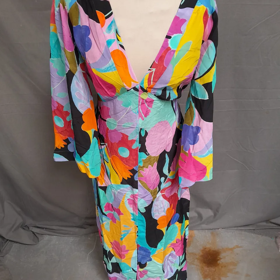RIXO DAHLIA DRESS IN ABSTRACT TULIP BLACK SIZE L