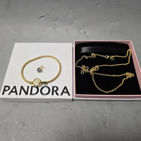 SET OF 3 PANDORA ITEMS TO INCLUDE - MOMENTS SPARKLING CROWN O SNAKE CHAIN BRACELET , ROLO CHAIN NECKLACE , BLUE BUTTERFLY MINI DANGLE CHARM 763825C01