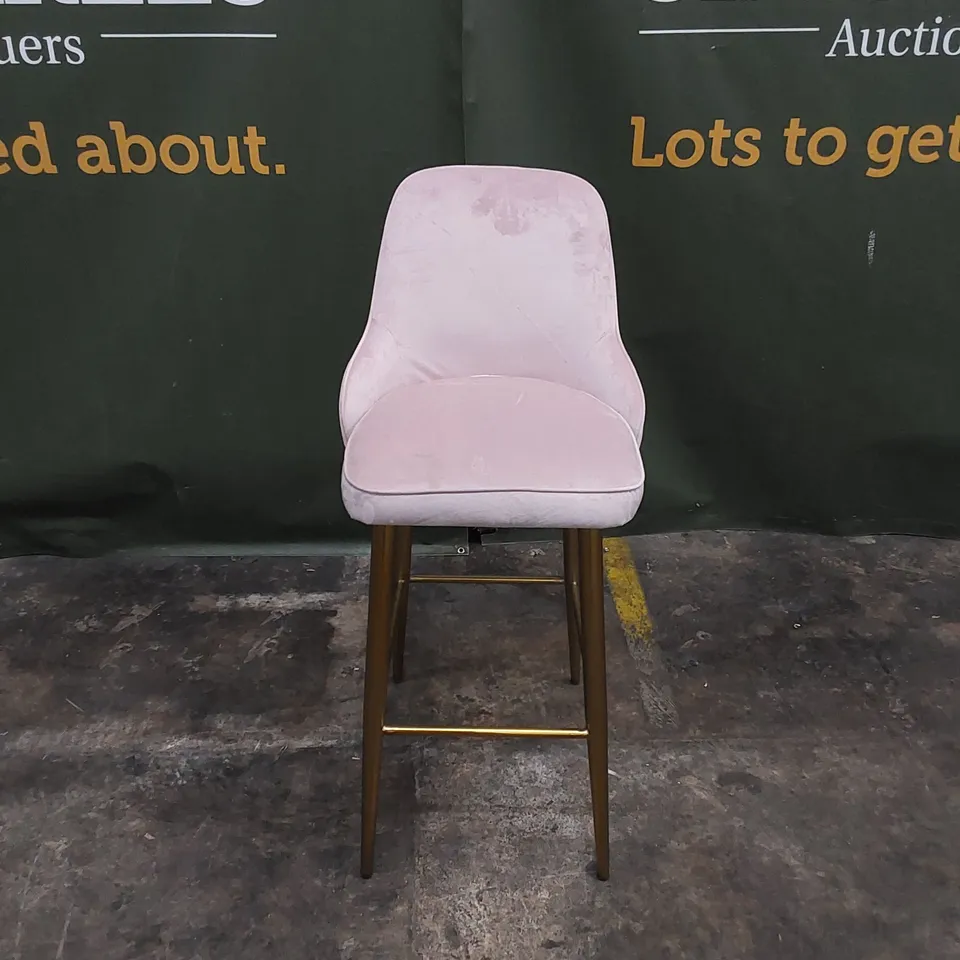 DESIGNER BLUSH VELVET UPHOLSTERED BARSTOOL WITH GOLD METAL LEGS 