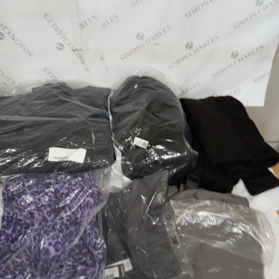 LARGE BOX OF ASSORTED CLOTHING ITEMS IN VARIOUS COLOURS AND SIZES INCLUDING TROUSERS , TOPS AND JUMPERS 