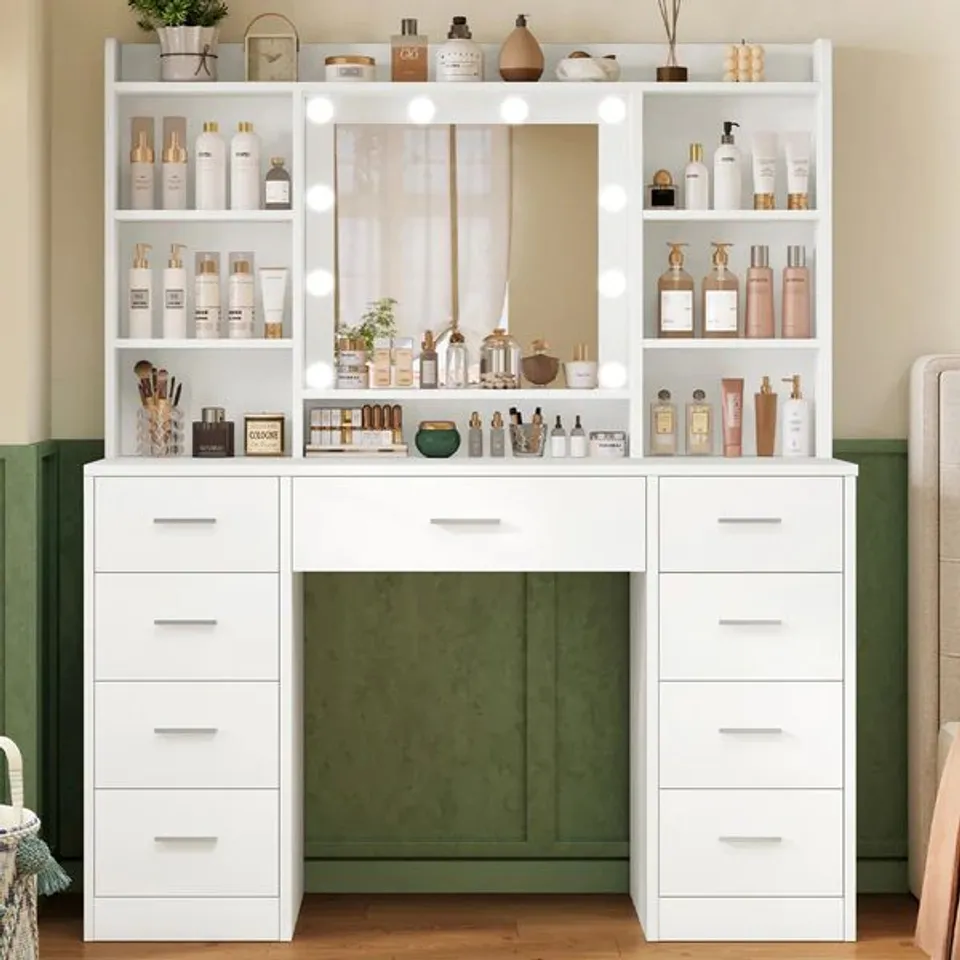 BOXED TEENFON DRESSING TABLE WITH 3-COLOR LED LIGHTS MIRROR, ADJUSTABLE BRIGHTNESS, VANITY TABLE MAKEUP DESK WITH 9 DRAWERS AND 7 STORAGE SHELVES, MODERN VANITY DESK FOR BEDROOM DRESSING ROOM, WHITE (