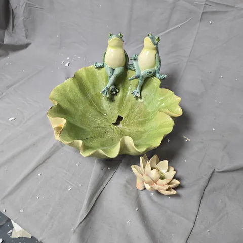 CERAMIC FROG DUO ON LARGE LEAF – GARDEN ORNAMENT WITH LOTUS- DAMAGE TO FLOWER AND BASE 