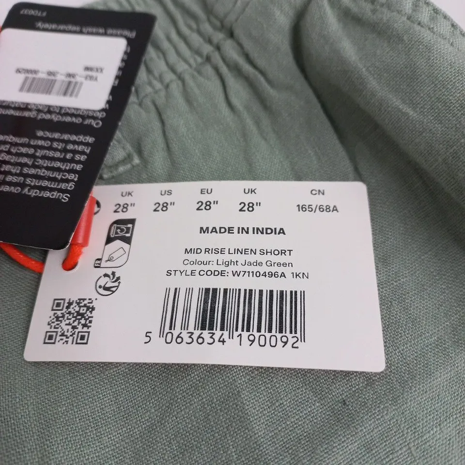 SUPERDRY MID RISE LINEN SHORT – LIGHT JADE GREEN, UK 28 