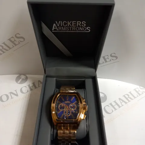 BOXED VICKERS ARMSTRONGS ATMOSPHERE ROSE GOLD STRAP BLUE DIAL WATCH 