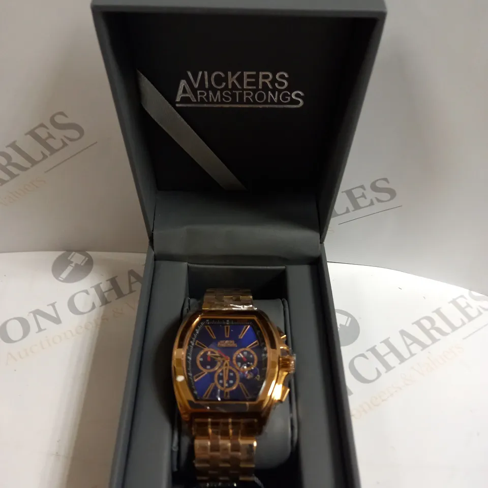 BOXED VICKERS ARMSTRONGS ATMOSPHERE ROSE GOLD STRAP BLUE DIAL WATCH 