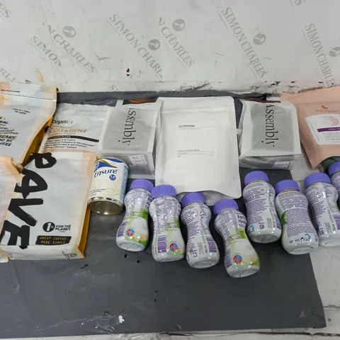 APPROXIMATELY 8 ASSORTED FOOD ITEMS TO INCLUDE - ASSEMBLY COFFEE, RAVE BEANS, AND OXFORD CAFFIENE POWDER ETC.