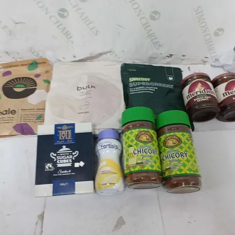 ASSORTED FOOD TOTES TO INCLUDE SUPERGREENS, ORGANIC COFFEE, AND BULK HUSK POWDER ETC.
