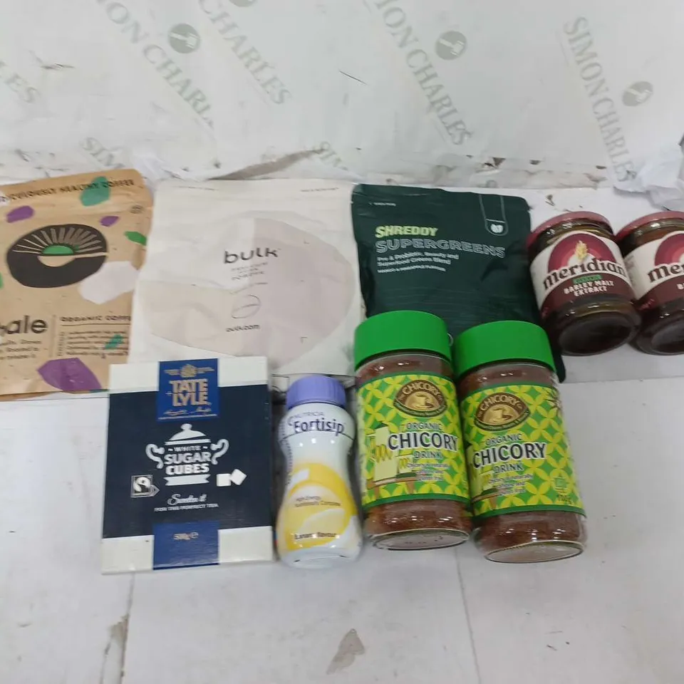 ASSORTED FOOD TOTES TO INCLUDE SUPERGREENS, ORGANIC COFFEE, AND BULK HUSK POWDER ETC.