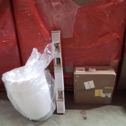PALLET OF ASSORTED HOUSEHOLD GOODS AND PRODUCTS TO INCLUDE;FLOWER POTS,RETRACTABLE SAFETY GATE,CEILING FAN WITH LIGHTS