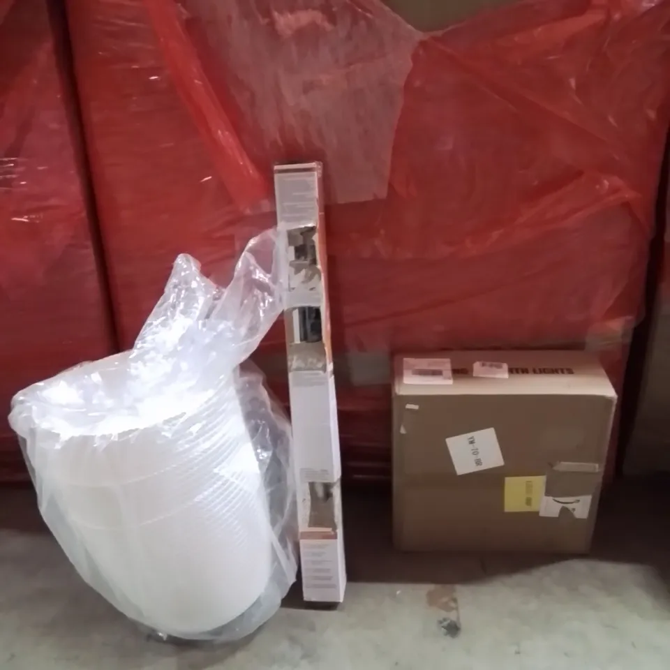 PALLET OF ASSORTED HOUSEHOLD GOODS AND PRODUCTS TO INCLUDE;FLOWER POTS,RETRACTABLE SAFETY GATE,CEILING FAN WITH LIGHTS