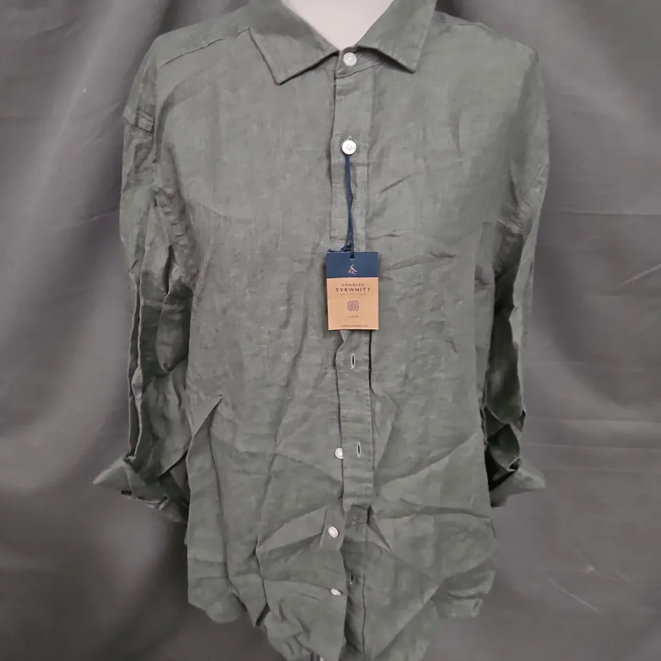 CHARLES TYRWHITT PURE LINEN SLIM FIT SHIRT IN OLIVE GREEN SIZE XL