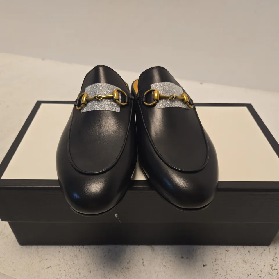 BOXED PAIR OF GUCCI PRINCETON SLIDE – BLACK LEATHER, LADIES UK 3.5