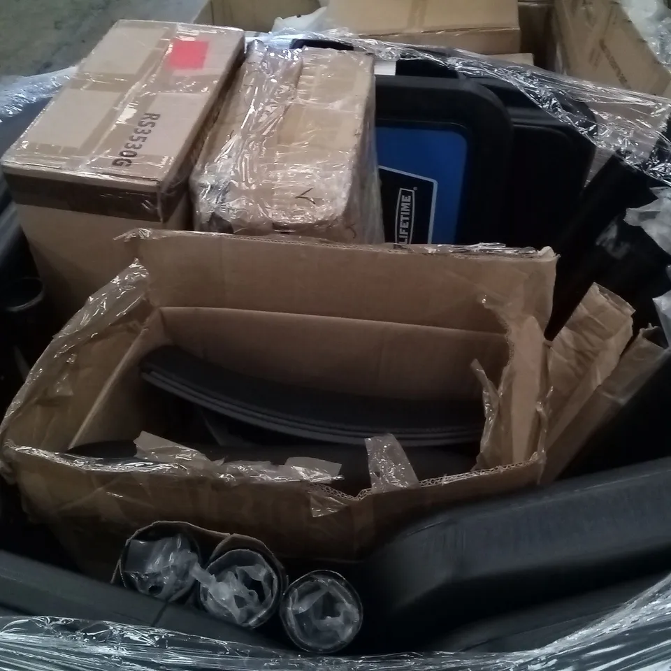 PALLET OF ASSORTED ITEMS INCLUDING ROLLING STOOL, MESH OFFICE CHAIR, BASKETBALL BACKBOARD 