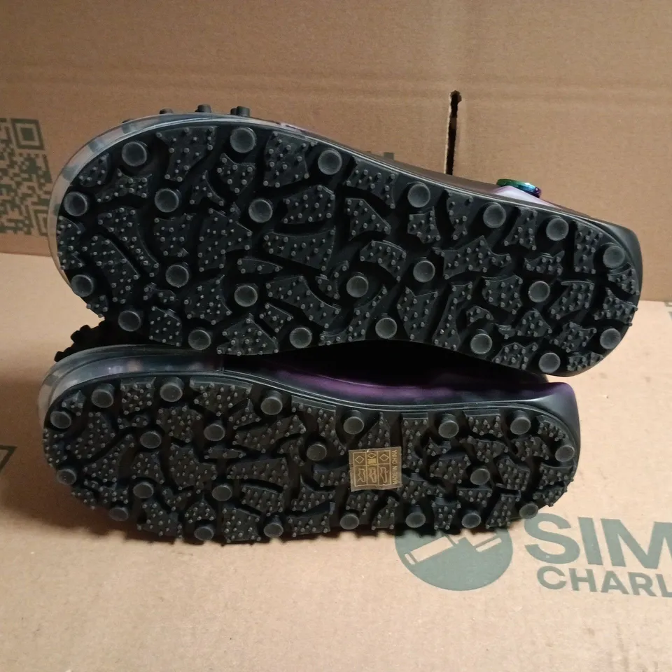 KOI BLACK STUDDED MID-CALF BOOTS WITH PURPLE TRANSLUCENT SOLE – RAINBOW LACES - UK 6