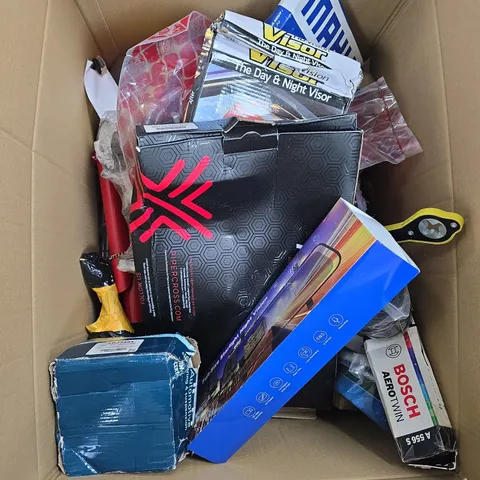 BOX OF ASSORTED CAR ITEMS AND TOOLS - AIR FILTERS - WIPERS BLADES / COLLECTION ONLY  