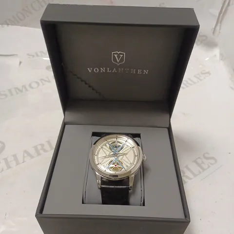 MENS VONLANTHEN AUTOMATIC WATCH – SILVER AND BLUE TEXTURED DIAL - GLASS EXHIBITION BACKCASE – BLACK LEATHER STRAP