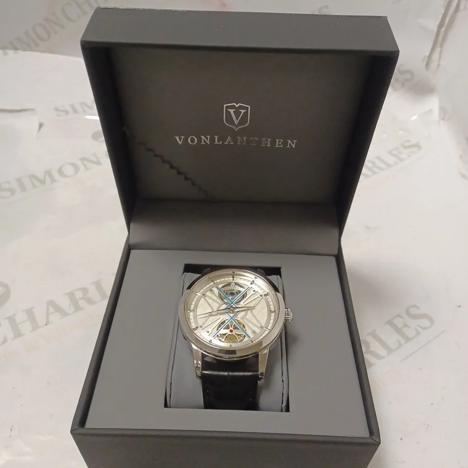 MENS VONLANTHEN AUTOMATIC WATCH – SILVER AND BLUE TEXTURED DIAL - GLASS EXHIBITION BACKCASE – BLACK LEATHER STRAP