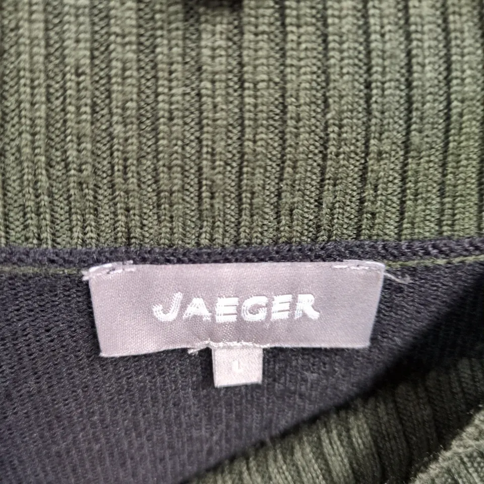JAEGER WOMEN'S KNIT DRESS – BLACK WITH OLIVE TRIM, UK SIZE L