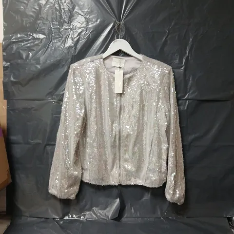 DANNII MINOGUE SEQUIN BOMBER PETITE IN SILVER COLOUR SEQUIN - SIZE 14