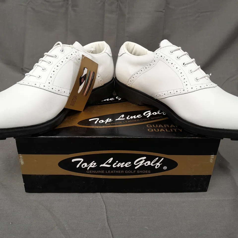 BOX OF APPROXIMATLY 10 BOXED PAIRS OF WHITE/WHITE TOP LINE GOLF SHOES IN VARIOUS SIZES