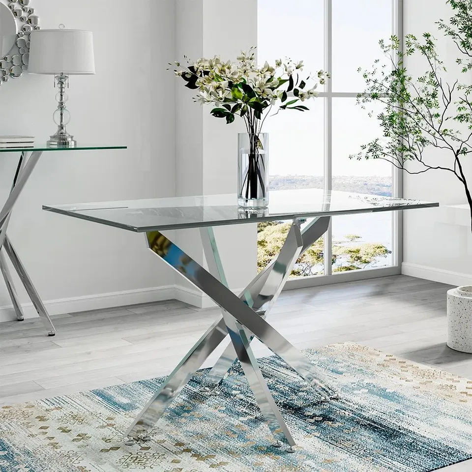 BOXED SWASEY 120CM WIDE STYLISH TEMPERED GLASS DINING TABLE (2 BOXES)