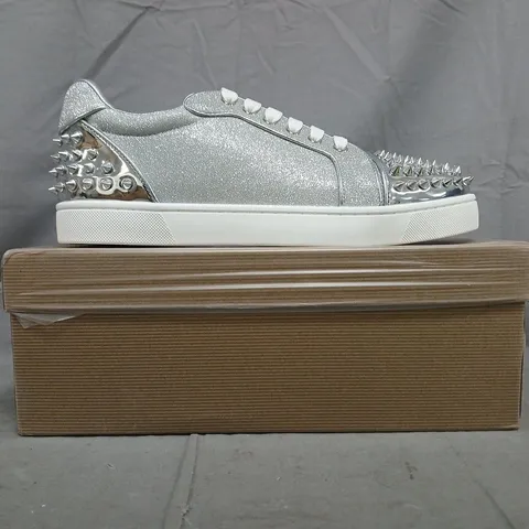 BOXED PAIR OF CHRISTIAN LOUBOUTIN LACE-UP SHOES IN SILVER GLITTER W. SPIKES SIZE EU 42