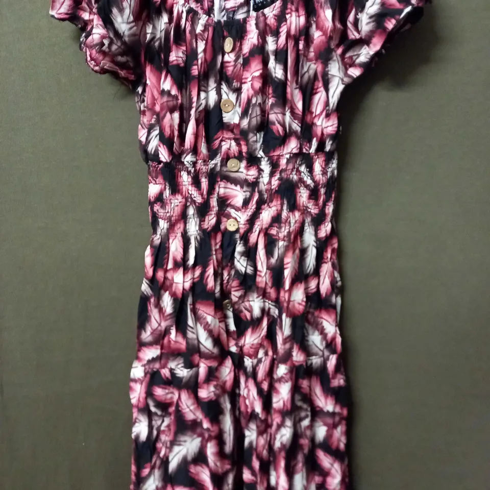 KURT MULLER WOMAN PUFFY SLEEVE MAXI DRESS IN TROPICAL FLORAL DESIGN IN BLACK/PURPLE/RED - S/M