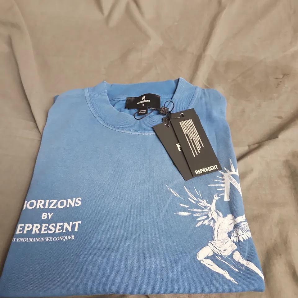 REPRESENT HORIZONS T-SHIRT IN BLUE WITH WING GRAPHIC SIZE S