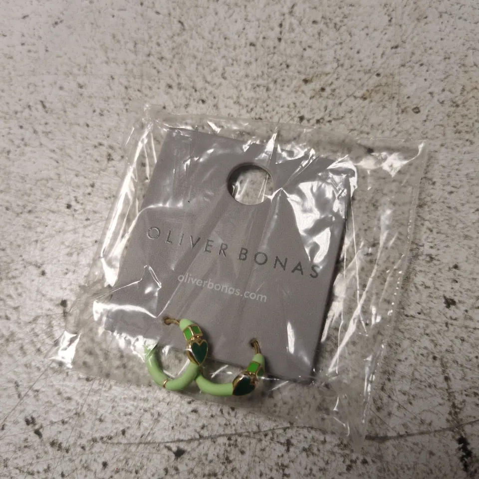 OLIVER BONAS GREEN ENAMEL HEART HOOP EARRINGS
