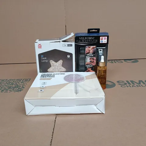 BOX OF APPROXIMATELY 20 ASSORTED ITEMS TO INCLUDE ELIZABETH GRANT ROYALE, VELFORM FULL BODY RAZOR, DESK LAMP, ELECTRIC MOSQUITO SWATTERS BOXED