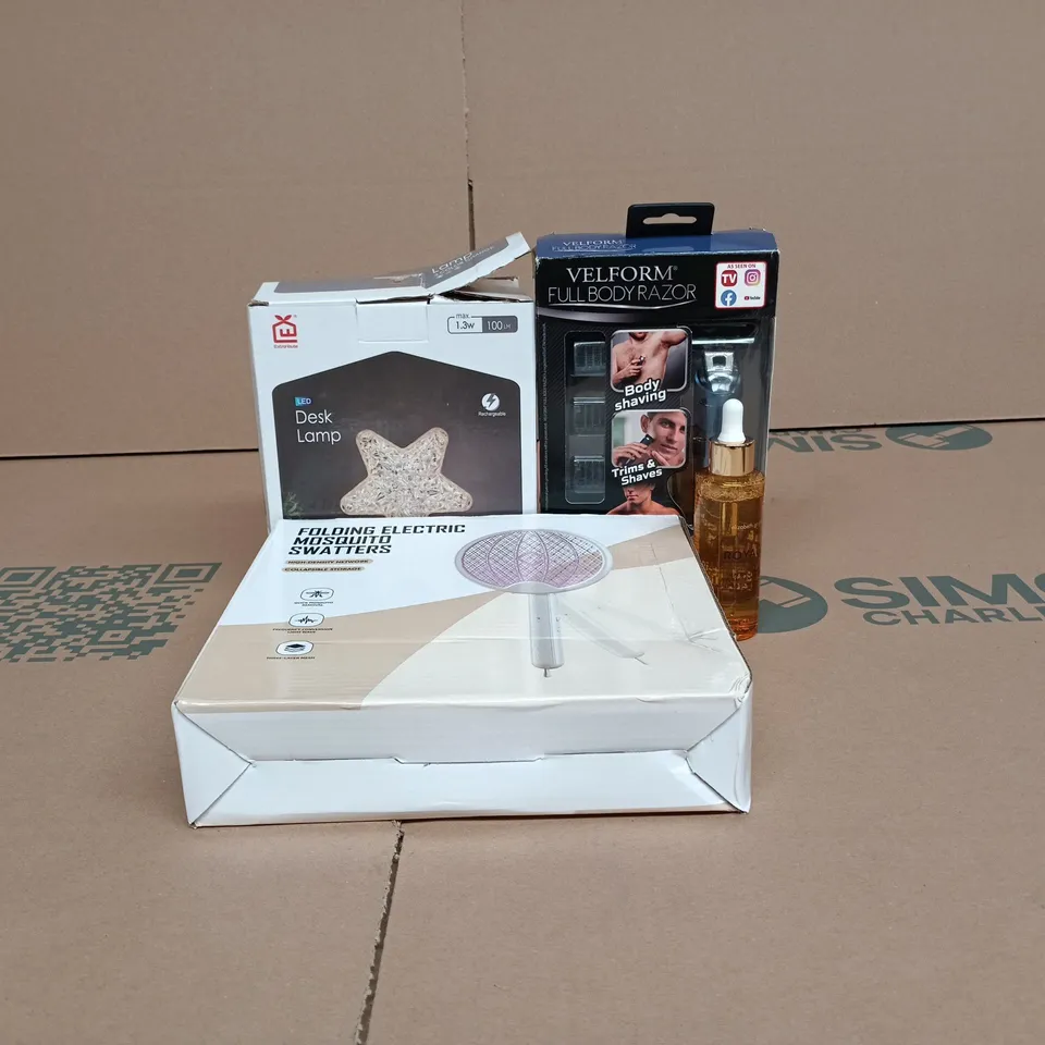 BOX OF APPROXIMATELY 20 ASSORTED ITEMS TO INCLUDE ELIZABETH GRANT ROYALE, VELFORM FULL BODY RAZOR, DESK LAMP, ELECTRIC MOSQUITO SWATTERS BOXED