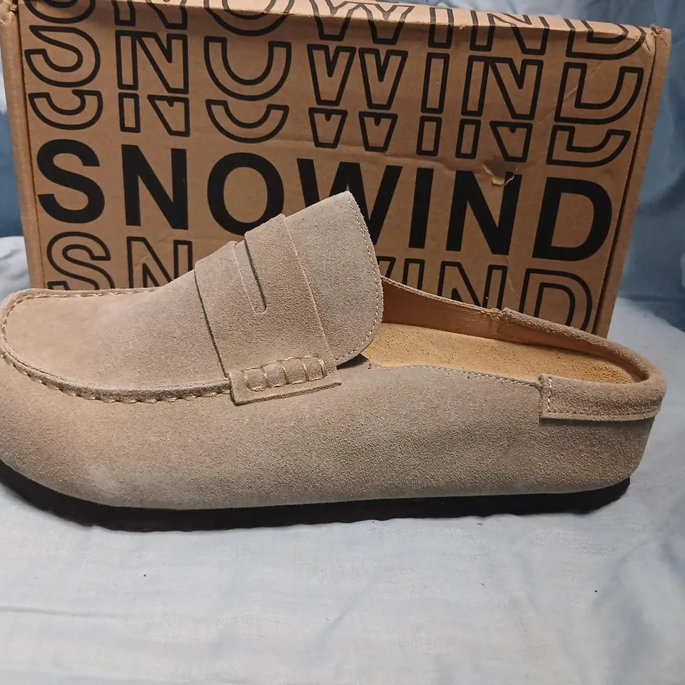 SNOWWIND TAUPE SUEDE SLIP-ON LOAFERS – UK 6 (EU 39) – BOXED
