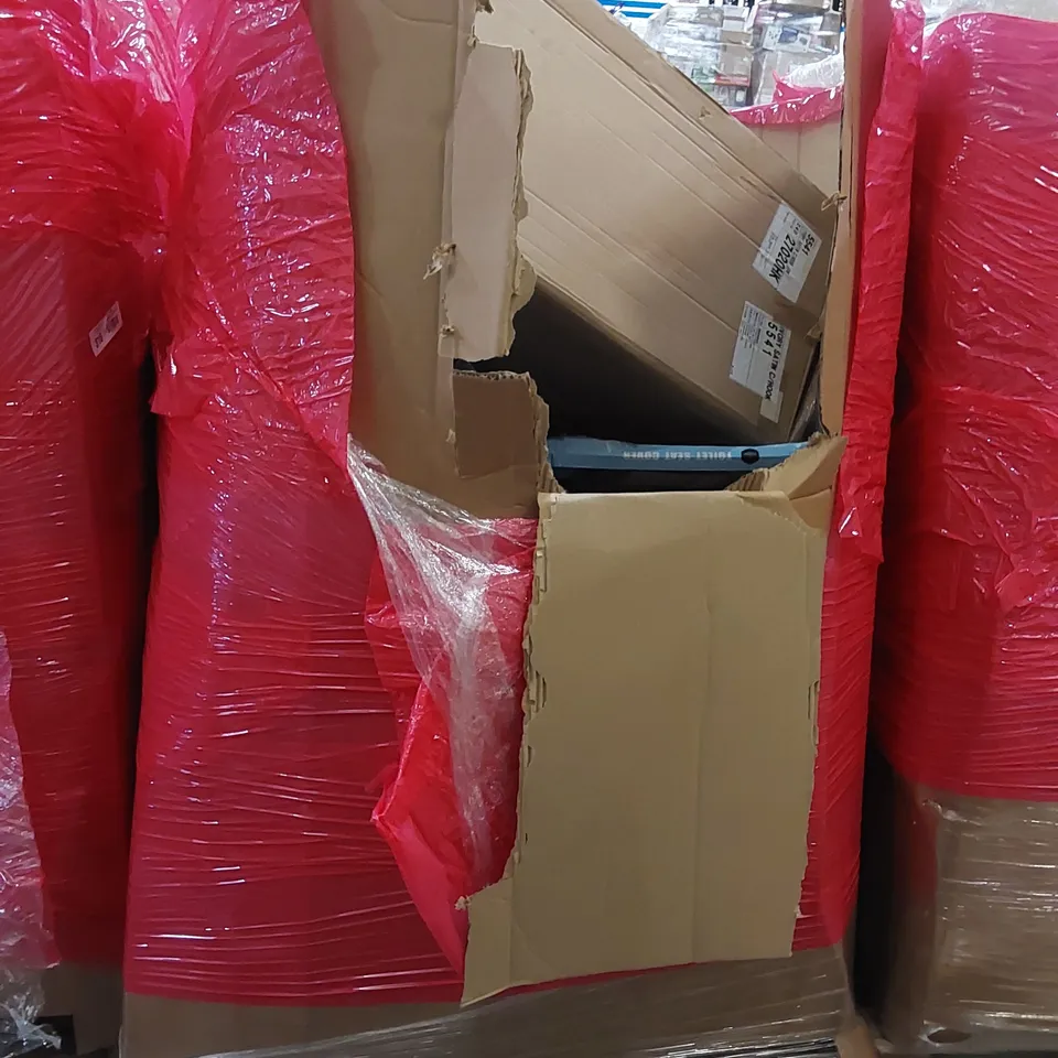 PALLET OF ASSORTED HOUSEHOLD ITEMS AND CONSUMER PRODUCTS. INCLUDES; TURNTABLE, FOOD PROCESSOR, TV STAND, TOILET SEATS, BOXED FURNITURE ETC 